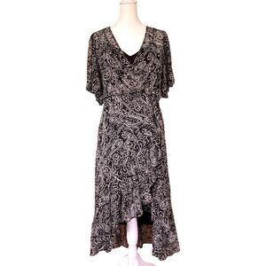 Calvin Klein Dress V-Neck Faux Wrap Black/White Floral Chiffon Midi (Size 10)